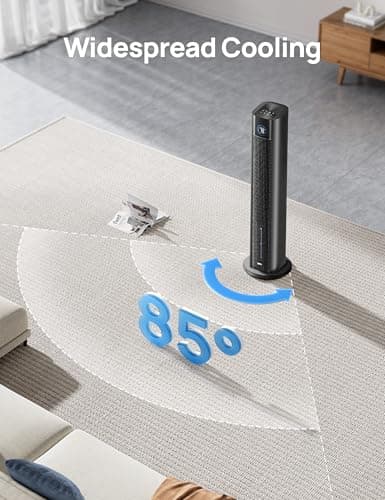 DREO Tower Fan for Bedroom, 43" Cooling Fans That Blow Cold Air 2025 Upgraded, Evaporative Air Cooler, Quiet 85° Oscillating Floor Fan, Easy Cleaning, APP Control, 4 Modes & 4 Speeds, 12H Timer, Black 9