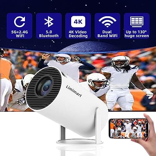 Limimart 5G WiFi Projector, 4K Support, 5.0 Bluetooth Speaker with 130'' Screen,Auto Keystone Correction, Compatible with Android/iOS/Windows/TV Stick/HDMI/USB/Audio 3.5 5