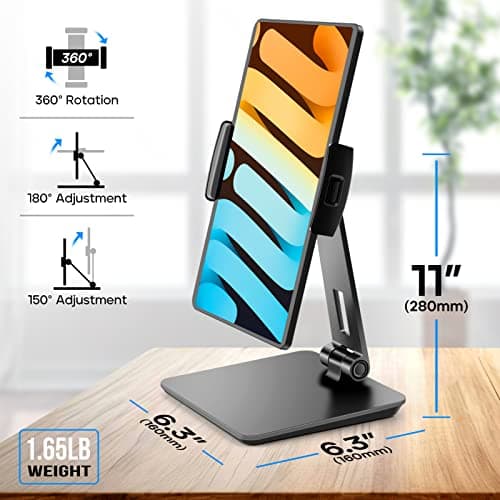 ROADOM Tablet Stand, Adjustable 360° Swivel Bracket, 180° Tiltable Clamp,Foldable Tablet Holder for 4.7-17.3'' iPhone/iPad/Tablet/Portable Monitor, Aluminum Alloy, Black 5