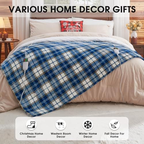 Heated Electric Blanket Queen Size, 84X90 Heating Blanket Queen with Dual Control&10 Heats Levels&Timer for Bed,Blue Plaid Sherpa Soft Blankets Warmer Gift for Grandma Women Adults, Washable 7