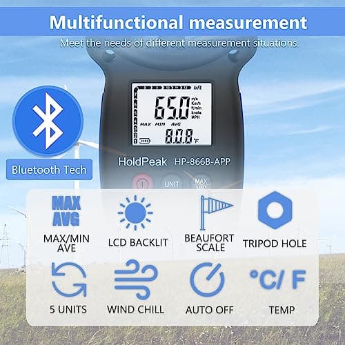 HoldPeak Handheld Anemometer Bluetooth, Digital Wind Speed Gauge Meter, Air Flow Velocity Temperature CFM Measuring Device for HVAC Outdoor Sailing Shooting Golf, 866B-APP 3