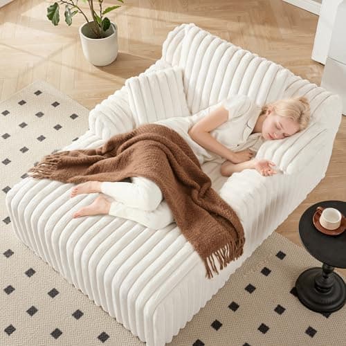 Mangodan 63" Oversized Chaise Lounge Chair Indoor, Boneless Couch Chair with 3 Pillows, Comfy Reading Chair with Wide Arms, No Assembly Required Corduroy Couch, Sleeper Sofa for Living Room, Beige