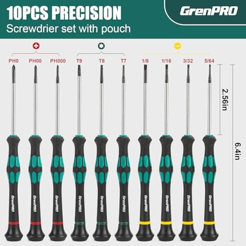 GRENPRO 10-Piece Precision Screwdriver Set, Magnetic Small Screwdrivers with Phillips, Slotted, Torx Star for Eyeglass, Watch, Computer, Laptop, Phone,Green 6