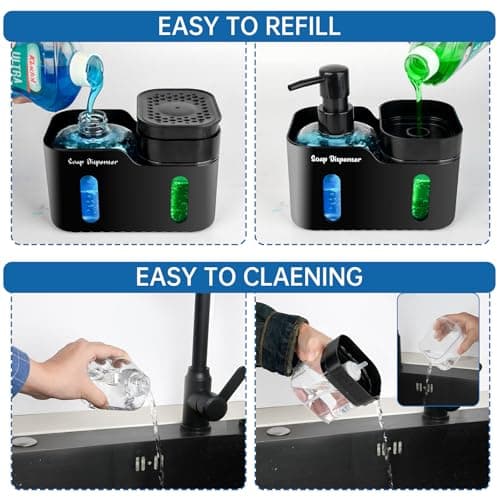 Hand Soap and Dish Soap Dispenser Set for Kitchen, Dual Soap Dispenser with Sponge Holder and Dishcloth Holder 4-in-1 Organizer for Kitchen Sink Countertop, Useful Kitchen Gadgets (Black) 6
