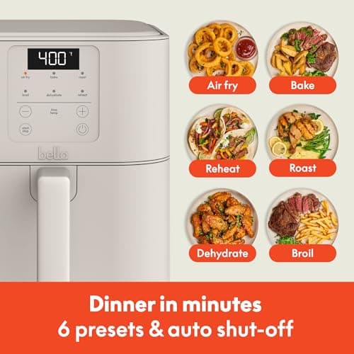 bella 6 Qt Slim Air Fryer, Fits-anywhere™ Kitchenware, EverGood™ Ceramic Nonstick Coating, Adjustable Temperature, 6 Preset Cooking Options, 60 Min Auto Shutoff w Audible Tone, 5lb Capacity, Oatmilk 5
