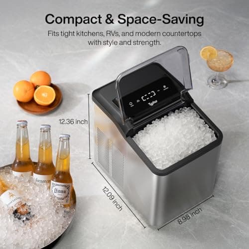 Typhur Fast Nugget Ice Maker Countertop with Self-Cleaning Pump, 35lbs/24H Crushed Pebble Ice Machine with Pellet Ice, 8 Packs Cleaner, Dual Ice Scoops for Home, Kitchen, Party, RV, Stainless Steel 6