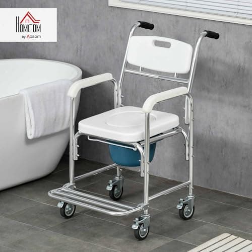 HOMCOM 3-in-1 Shower Commode Wheelchair, FSA/HSA Eligible Transport Beside Commode Chair, Waterproof Rolling Over Toilet Chair 330 lbs. Weight Capacity with Padded Seat, White 2