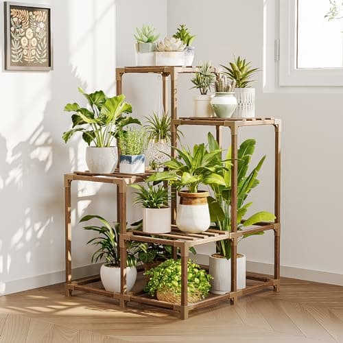 Bamworld Plant Stand Indoor Outdoor Corner Shelf Plant Holder 4-Pot Flower Stand Wood Plant Rack Indoor Multiple Plants Patio Balcony Garden Livingroom 8