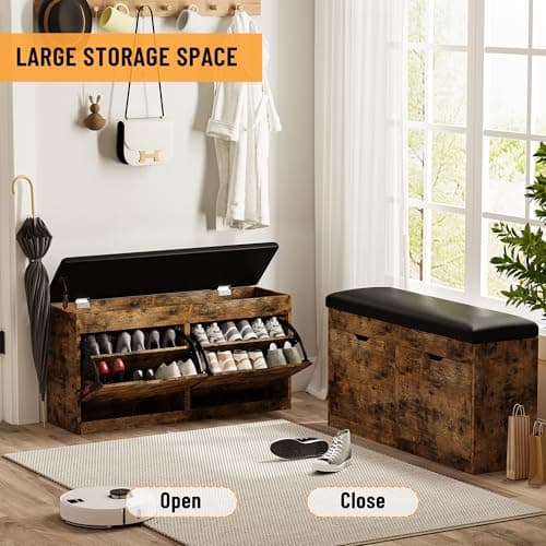 astimey 40" Shoe Storage Bench with 2 Flip Drawers & Padded Seat Cushion, Shoe Cabinet with Lift Top Storage Box, Shoe Bench Shoe Organizer for Entryway, Hallway, Living Room, Vintage Brown 7
