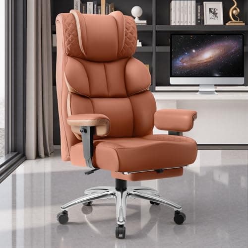 BestGlory Office Desk Chair, Big and Tall Leather Gaming Chair with Footrest, Wide Ergonomic Comfy Executive High-Back Reclining Computer Chairs, Swivel Rolling Wheels and Padded Lumbar Support, Brown