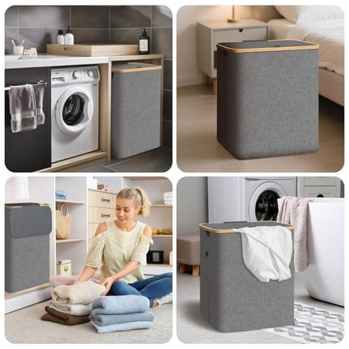 BALEINE Laundry Hamper with Lid, Tall Laundry Baskets with Bamboo Pull Handles, Large Laundry Bin with Internal Support (26 Gal/100L, Beige) 8