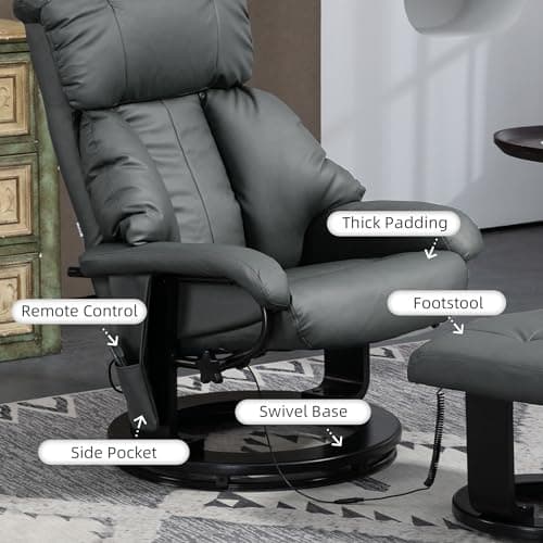 HOMCOM Massage Recliner Chair with Ottoman, 360° Swivel Recliner and Footstool, 10 Point Vibration, PU Leather Reclining Chair with Side Pocket and Remote Control, Gray 6