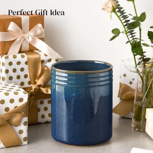 DOWAN 7.2" Kitchen Utensil Holder, Extra Large Farmhouse Utensil Holders for Countertop, Ceramic Utensil Crock, Anti Slip Cork Bottom 8