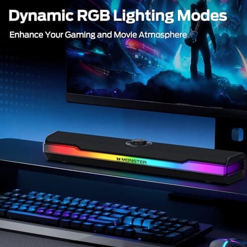 Monster S330 Computer Speakers, HiFi Stereo Sound PC Speakers, Bluetooth 6.0 Computer Sound Bar with Dynamic RGB Light, USB/Type-C Plug & Play, Gaming Speakers for Computer Desktop, PC, Laptop, Tablet 5