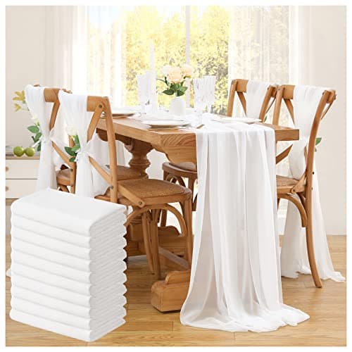 White Table Runner 10 Packs 14x120 Inches Chiffon Fabric Table Runners for Spring Wedding Ceremony Decoration Valance Table Swags