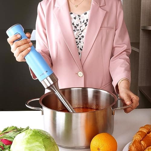 Cordless Hand Blender, OUTRONSM Immersion Blender Rechargeable, with Charging Cable, 500ml Chopper, 600ml container, Egg Whisk, for Smoothies, Milkshakes, Baby Food and Soups – Blue 8