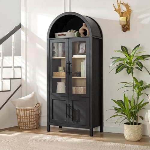 WINWY 71" Tall Arched Display Cabinet, 5-Tier Bookshelf Modern Farmhouse Arched Bookcase with Glass Doors and Shelves, Wooden Pantry Storage Cabinet for Living Room, Office and Kitchen, Black