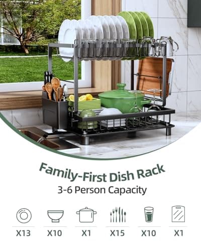 Nfnoyp Dish Drying Rack, 2 Tier Space-Saving Dish Rack, Multifunctional Dish Drainer for Kitchen Counter with Drainboard/Utensil/Cup Holder Rustproof Carbon Steel, Black 8