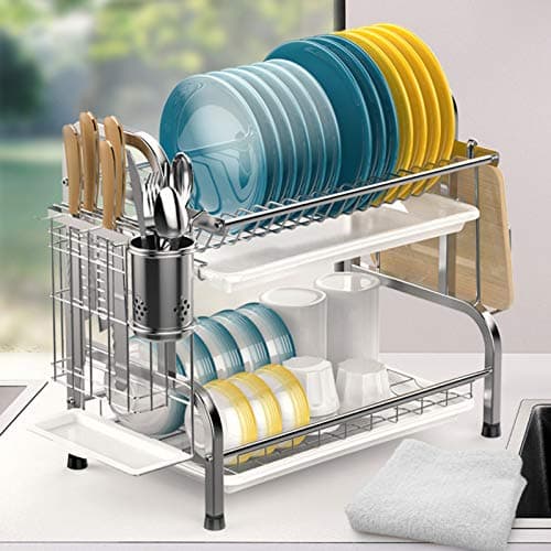 iSPECLE Dish Drying Rack - 304 Stainless Steel 2 Tier Dish Racks with Automatic Drainage for Kitchen Counter, Dish Drainer with Drainboard, Stainless Steel Utensil Holder, Cutting Board Holder, Silver 7