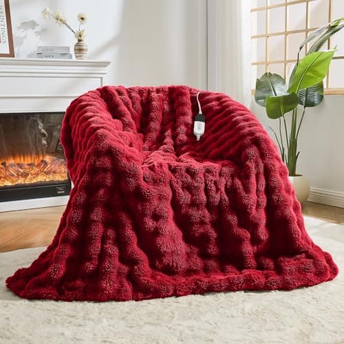 Easthome Heated Blanket Electric Throw Blanket 50''X 60''-Heating Blanket with 6 Heat Settings-4 Hours Auto Off,Cozy Faux Rabbit Fur Bubble Electric Blanket,Red