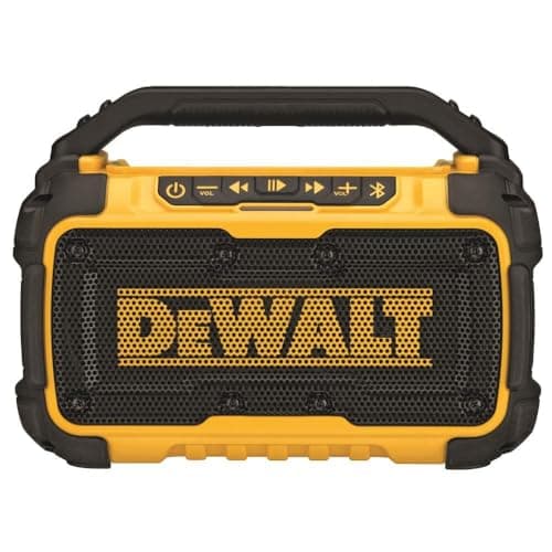 DEWALT 20V MAX Bluetooth Speaker, 100 ft Range, Durable for Jobsites, Phone Holder Included, Lasts 8-10 Hours with Single Charge (DCR010)