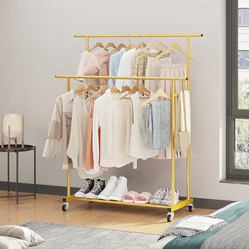 Calmootey Double Rod Clothing Garment Rack,Rolling Hanging Clothes Rack,Portable Clothes Organizer for Bedroom,Living Room,Clothing Store,Gold 6