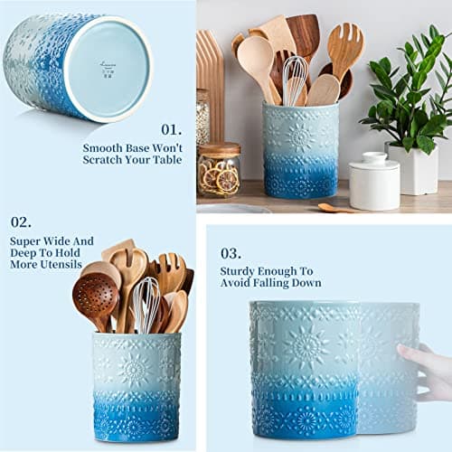 LOVECASA Extra Large Kitchen Utensil Holder, 7.2" Ceramic Farmhouse Utensil Holder For Kitchen Décor Countertop With Heavy And Sturdy Base, Utensil Crock Organizer, Blue 6