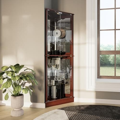 BELLEZE Lighted Corner Display Curio Cabinet Wooden Shelving Unit with Tempered Glass Door, Bar and Liquor Storage Area with 6 Shelves - Woody (Walnut)