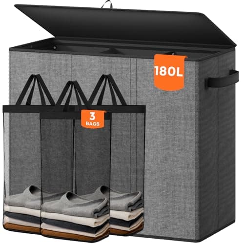 Optish 180L Laundry Hamper 3 Section, Large Laundry Hamper with Lid, Dirty Clothes Hampers with Handles, Laundry Basket Organizer for Laundry, Bedroom, Bathroom, Laundry Sorter Baskets, Grey