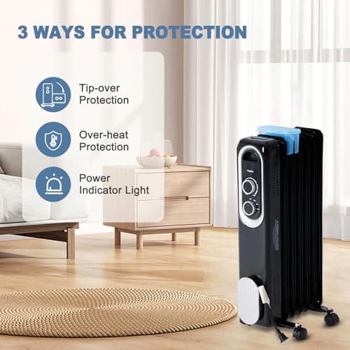 Dumos Oil Filled Radiator Heater with Adjustable Thermostat, 1500W Oil Space Heater for Indoor Use, Portable, 22inch Bright Black 5