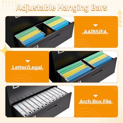 Lateral File Cabinet with Lock 2 Drawer Metal Filing Cabinet, Lateral Filing Cabinet with Lock for Home Office, Locking Metal Steel Wide File for Legal/Letter A4 Size Black 7