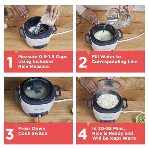 BLACK+DECKER 3-Cup Rice Cooker, RC503, 1.5-cup Uncooked Rice, Steaming Basket, Removable Non-Stick Bowl, One Touch, White 6