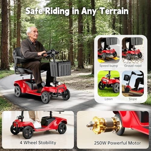4 Wheel Mobility Scooter, Mobility Scooters for Seniors, Features a Maximum Range of up to 15 Miles, Equipped with Charger (Red) 6