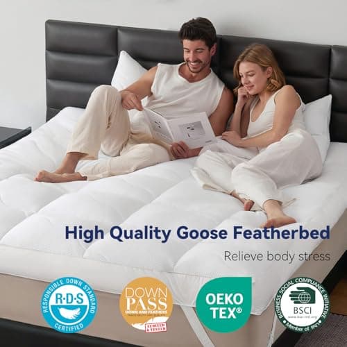 LeWinBedding Dual Layer 5 Inch Goose Feather Mattress Topper Queen Size, 4 Inch Goose Feather Plus 1 Inch Down Alternative Pillow Top, Medium Firm Featherbed with Adjustable Straps(60"x80", Wavy) 6