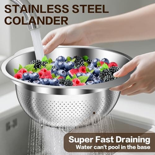 Stainless Steel Colander for Kitchen, Stainless Steel Strainer, Pasta Strainer for Spaghetti Fruit Vegetable Cooking Food, 3 Pcs Strainers and Colanders(2QT, 3QT, 5QT), Dishwasher Safe, Kitchen Gift 7