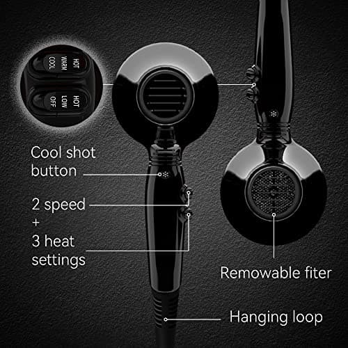 Professional 1875W Tourmaline Ceramic Hair Dryer with Concentrator Nozzle & Negative Ions - Fast Drying, 2 Speed Settings, 3 Temperature Levels, Black 8