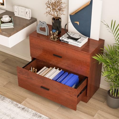 Giantex Office File Cabinet 2 Drawer - Lateral Filing Cabinet w/Anti-Toppling Device, Hanging Bars, Home Office Furniture for Hanging File Folders A4/Letter/Legal Size, File Storage Cabinet (Walnut) 4