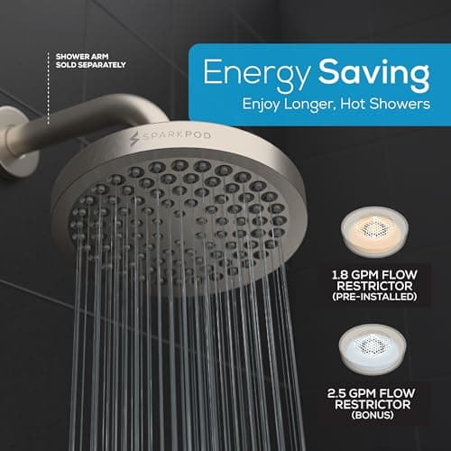 SparkPod Shower Head - High Pressure Rain - Premium Quality Luxury Design - Easy Clean Adjustable Replacement for Your Bathroom Shower Heads (Elegant Brushed Nickel, 6 Inch Round) 6