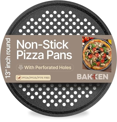 Bakken Pizza Baking Pan - Round Perforated Carbon Steel Pan with Non-Stick Marble Coating, Oversized Silicone Handle, Dishwasher Safe, High-Temperature Resistant, Durable & Easy Cleanup Gray, 1 Tray