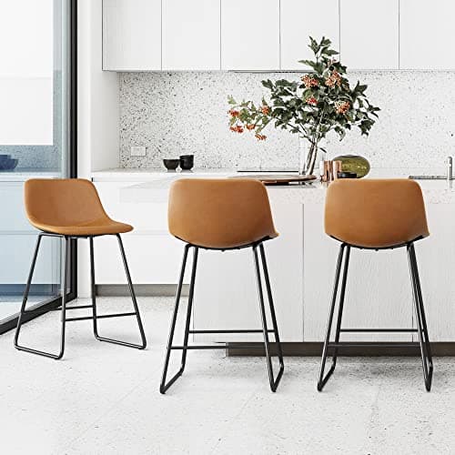 LUE BONA Bar Stools Set of 3, 24" ALX Faux Leather Barstools, Modern Counter Height Stools with Back and Metal Legs, Armless Counter Chairs for Kitchen Island, Whisky Brown