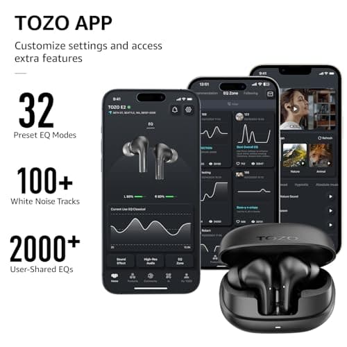 TOZO E2 Wireless Earbuds 10mm Drivers with Powerful Bass, App Customize 32 EQs, with 2 Mics AI Call Noise Cancellation, 30H Playtime, Bluetooth 5.3 Ear Buds, Comfort Fit in-Ear Headphones 5