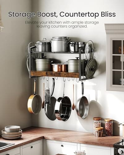 CHOEZON Hanging Pot Rack, Pot Rack Wall Mounted, 2-Tier Kitchen Pot and Lid Organizer, Wall-Mounted Pot Rack with 12 Hooks, for Kitchen Storage of Pots, Pans, Utensils, Rustic Brown TPR02BF 5