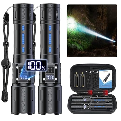 Banral Flashlights High Lumens Rechargeable - Super Bright Tactical LED Flash Light, Dimmable&Memory Function Powerful Waterproof Flashlight for Camping,6 Modes,Zoomable,LCD Display (2, Black)