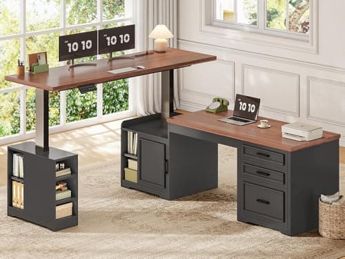 SEDETA Farmhouse L Shaped Electric Standing Desk, 63" x 67" Height Adjustable Home Office Executive Desk with Drawers and Shelves, Standing Computer Desks with Power Outlet for Home Office, Black