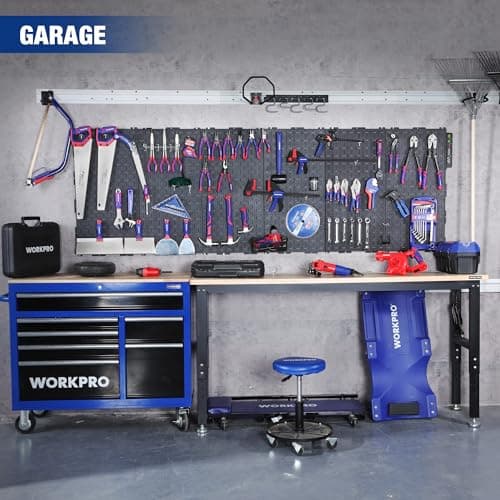 WORKPRO 60" Adjustable Workbench with 2 Pack Metal Pegboard, Rubber Wood Top Heavy-Duty Workstation, 2000 LBS Load Capacity Hardwood 9