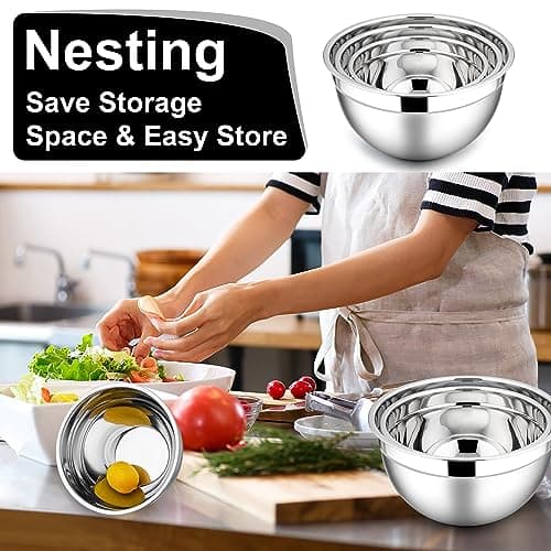 E-far Mixing Bowls with Lids, 6-Piece Stainless Steel Salad Bowls Metal Nesting Bowls for Baking Cooking and Prepping, Airtight Lids & Stackable Design, Size 4.5, 3, 1.5 QT (Black) 5
