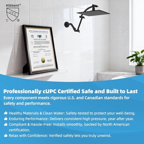 Hibbent All Metal cUPC Certified Rain Shower Head, 10'' High Pressure Rainfall Showerhead with 16" Shower Head Extension Arm, Solid Brass Adjustable Shower Arm Extender, fixed Showerheads, Matte Black 6