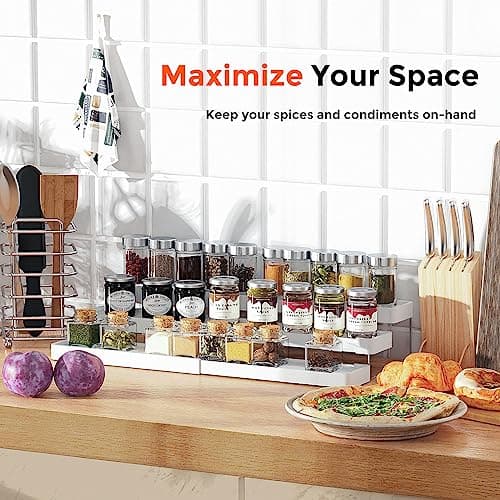 INVOCOO Expandable Spice Rack Organizer for Cabinet - 3 Tier Adjustable Cabinet Spice Organizer Easy Visibility - Spice Organizer for Cabinet Countertop Cupboard Pantry Organization (White) 5