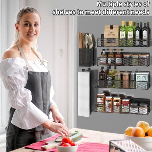 Magnetic Spice Rack for Refrigerator, 6 Pack 100% Metal Strong Magnet Shelf Black, Space Saving Spice Organizer, Home Kitchen Laundry Room Storage Organization W/ Paper Towel Holder, Utensils Racks 6