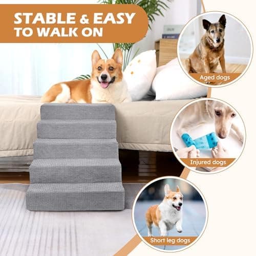Heeyoo Dog Stairs for Small Dogs,5-Step Dog Steps for High Bed and Couch, High-Density Foam Pet Steps with Supporting Board, Non-Slip Removable Washable Cover, Grey 5